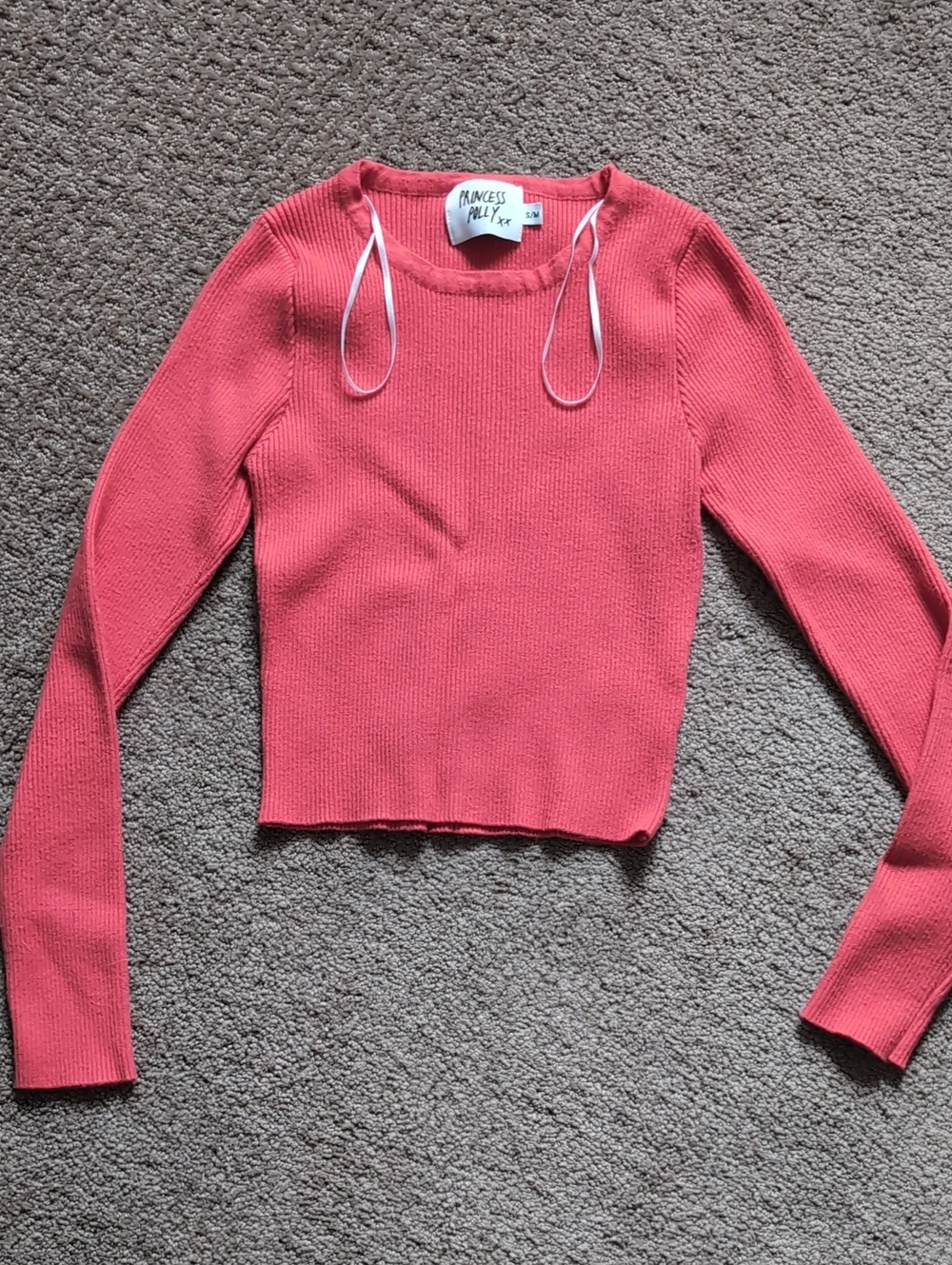 Princess Polly Coral Ribbed Long Sleeve Knit Cropped Top